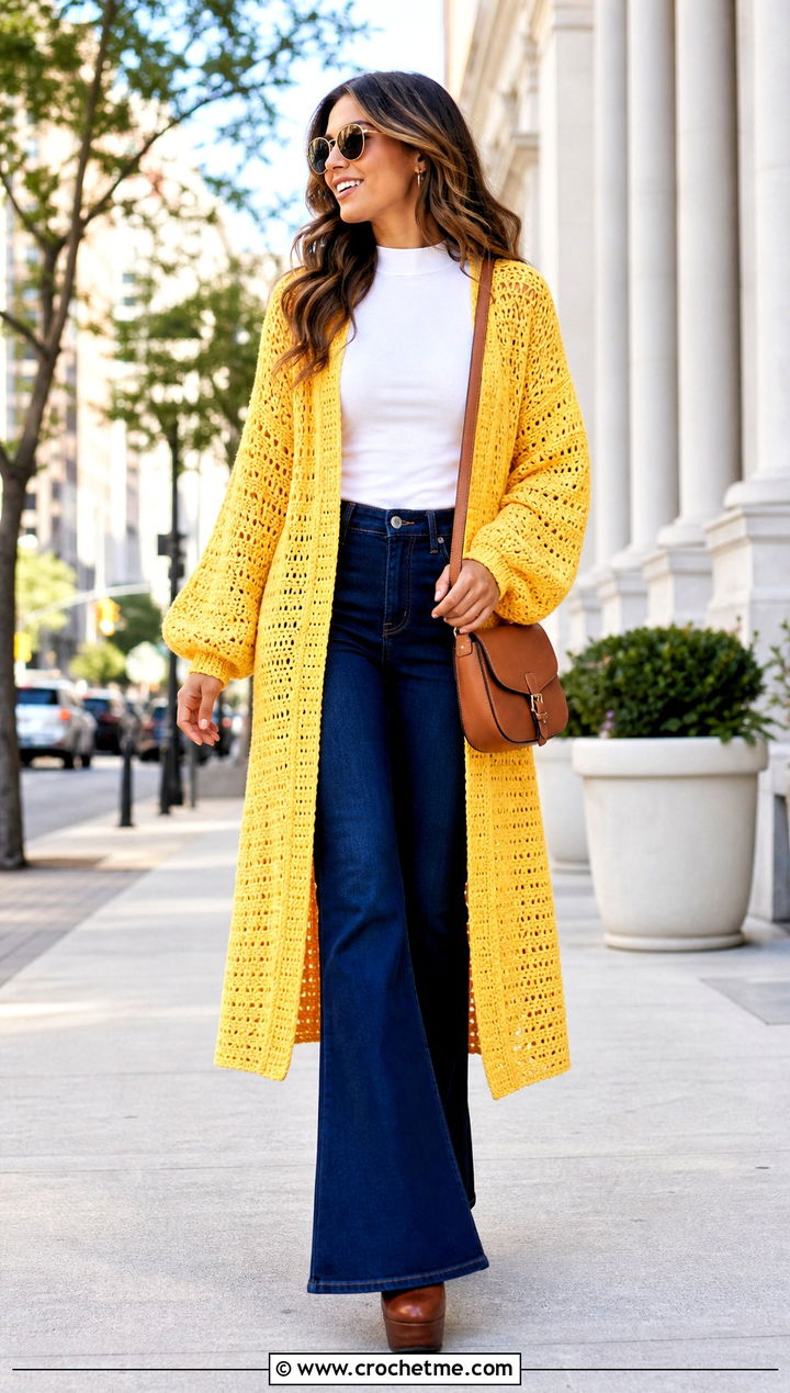 Longline Crochet Balloon Sleeve Cardigan With Flare Jeans - 30 crochet balloon sleeve cardigan outfit ideas