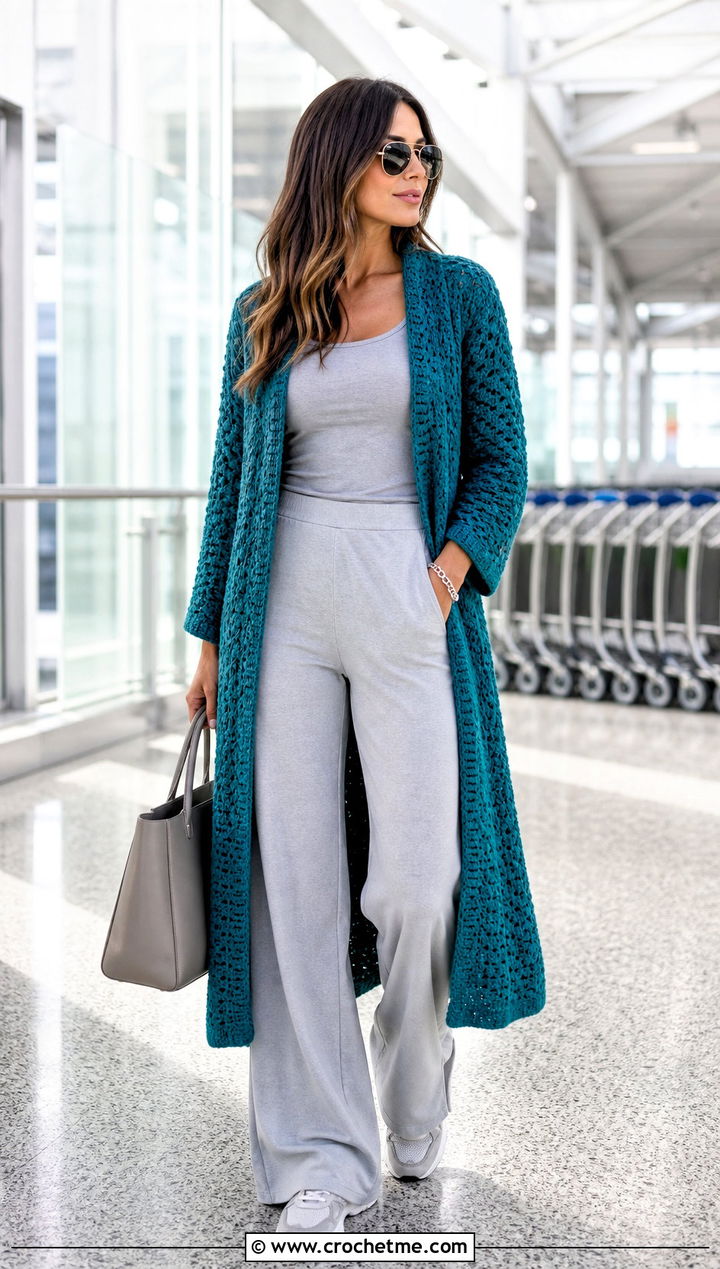 Longline Crochet Barbie Cardigan With Monochrome Basics - 25 crochet barbie sweater outfit ideas