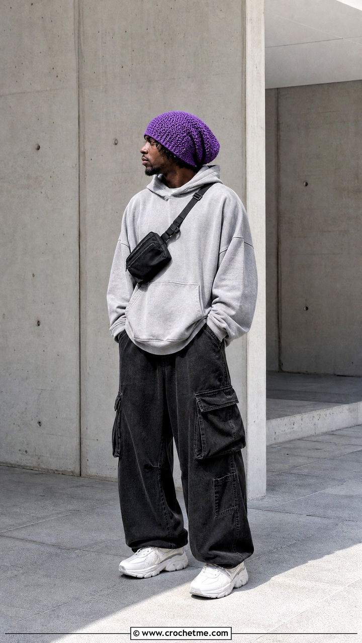 Longline Crochet Beanie With Oversized Hoodie - 35 men's crochet beanie outfit ideas