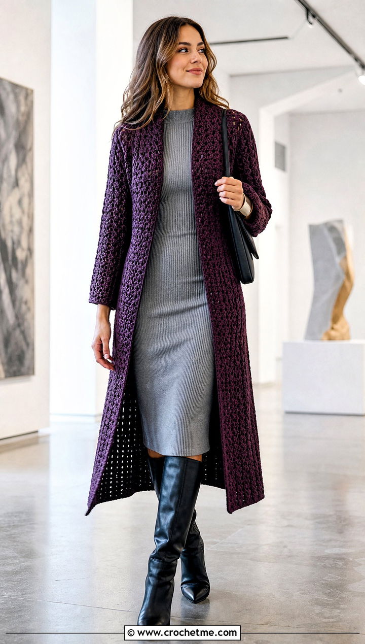 Longline Crochet Bed Jacket With Knit Dress - 25 Crochet Bed Jackets outfit ideas