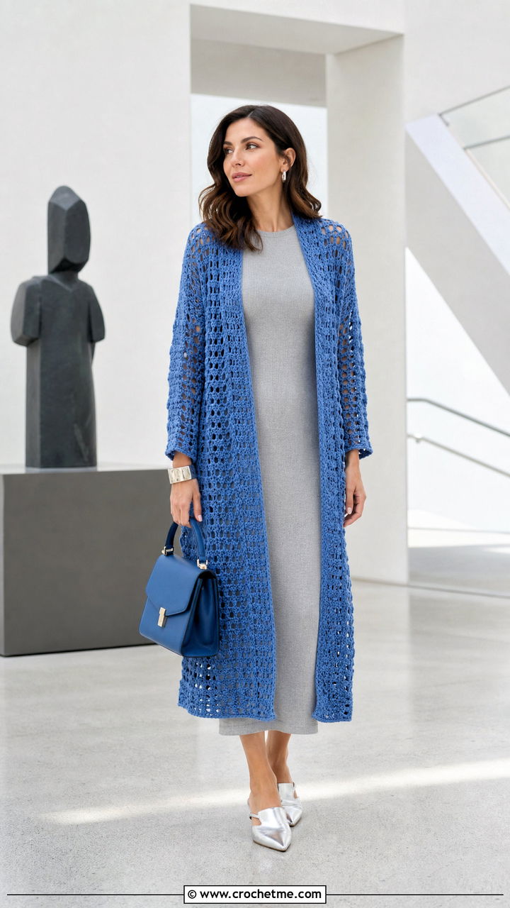 Longline Crochet Blanket Cardigan With Column Dress - 35 crochet blanket cardigan outfit ideas