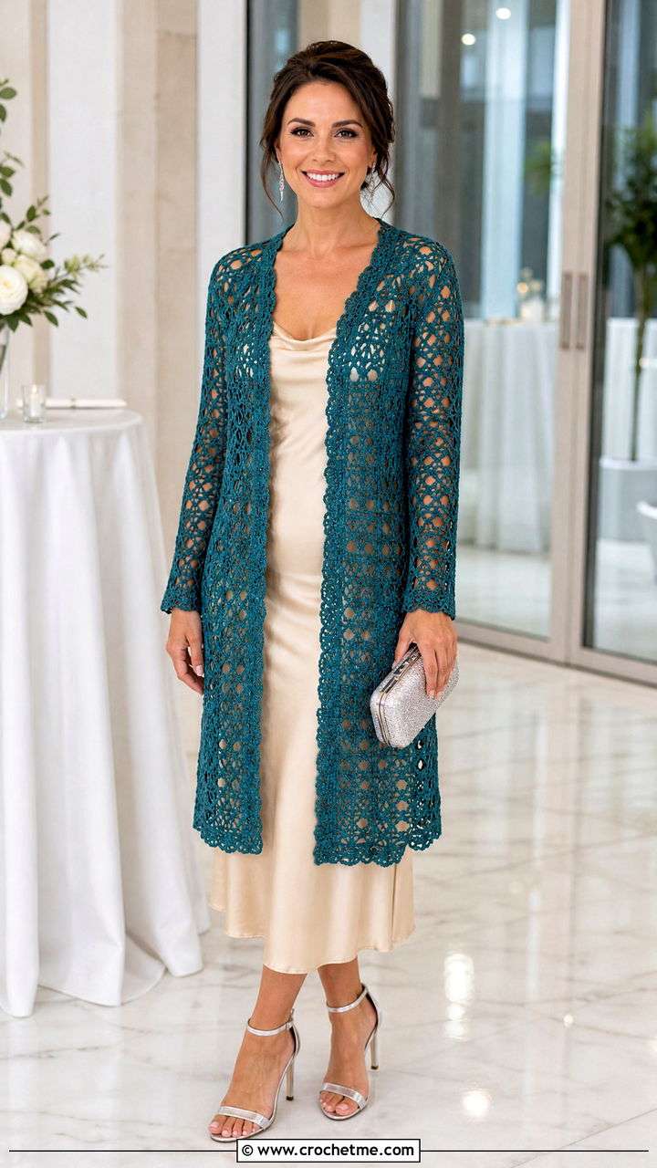 Longline Crochet Bog Jacket With Slip Dress - 35 Crochet Bog Jacket outfit ideas