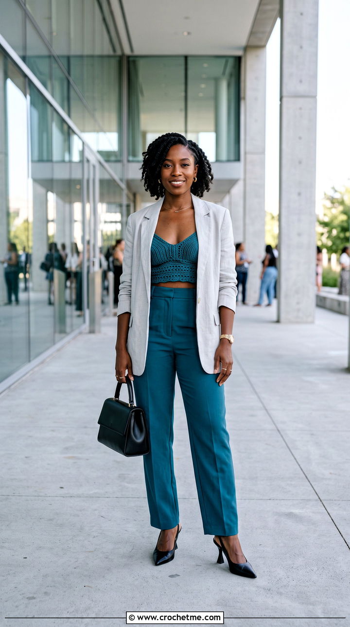 Longline Crochet Bra Top With Tailored Suit - 35 crochet bra top outfit ideas