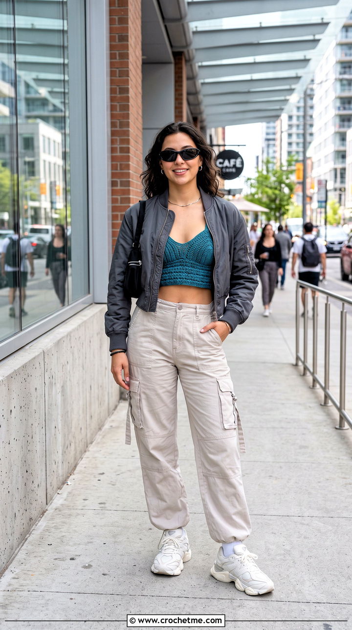 Longline Crochet Bra With Cargo Pants - 35 crochet bra outfit ideas