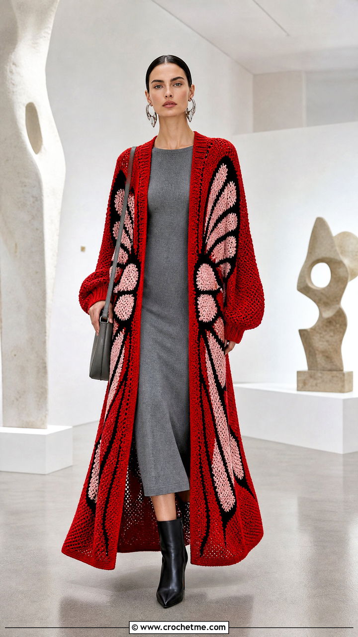 Longline Crochet Butterfly Cardigan With Column Dress - 35 crochet butterfly cardigan outfit ideas