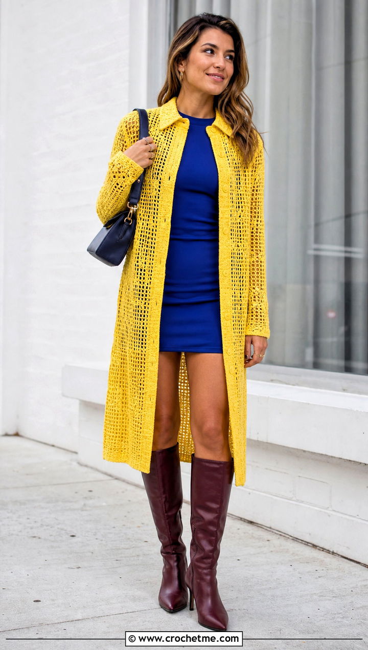 Longline Crochet Button Shirt Top With Mini Dress - 30 crochet button top outfit ideas