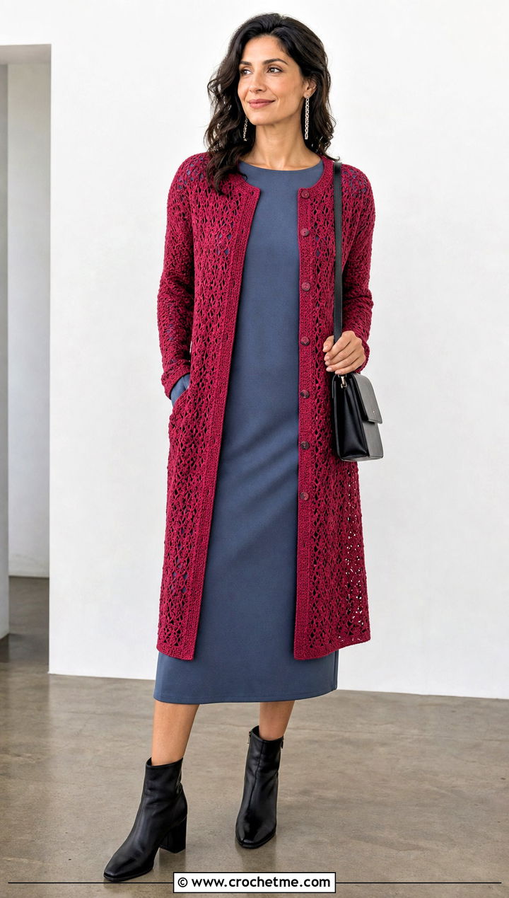 Longline Crochet Button Sweater With Column Dress - 30 Crochet Button Sweater outfit ideas