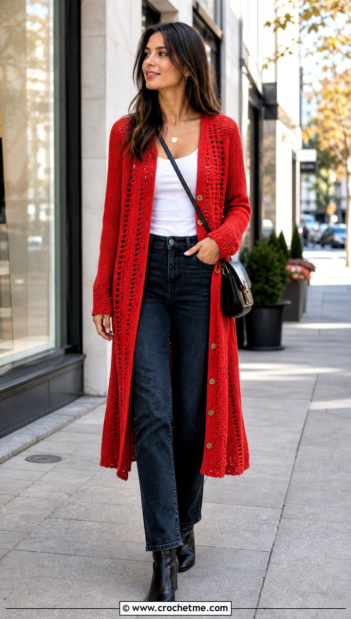 Longline Crochet Button Up Cardigan With Tank And Straight Jeans - 25 Crochet Button Up Cardigan outfit ideas
