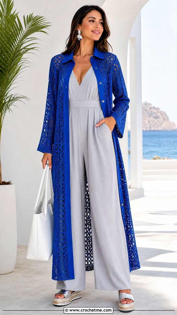 Longline Crochet Button Up Shirt Over A Wide Leg Jumpsuit - 35 crochet button up shirt outfit ideas