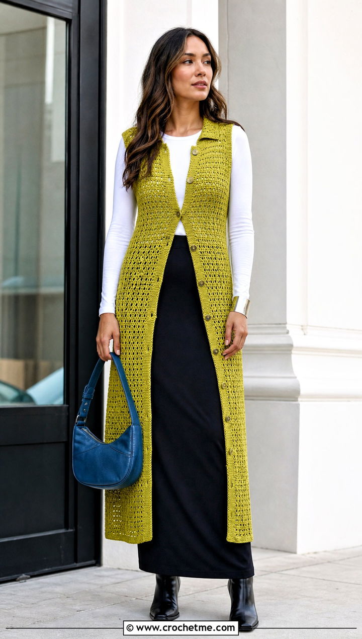 Longline Crochet Button Up Tank Top With Column Skirt - 15 Crochet Button Up Tank Top outfit ideas