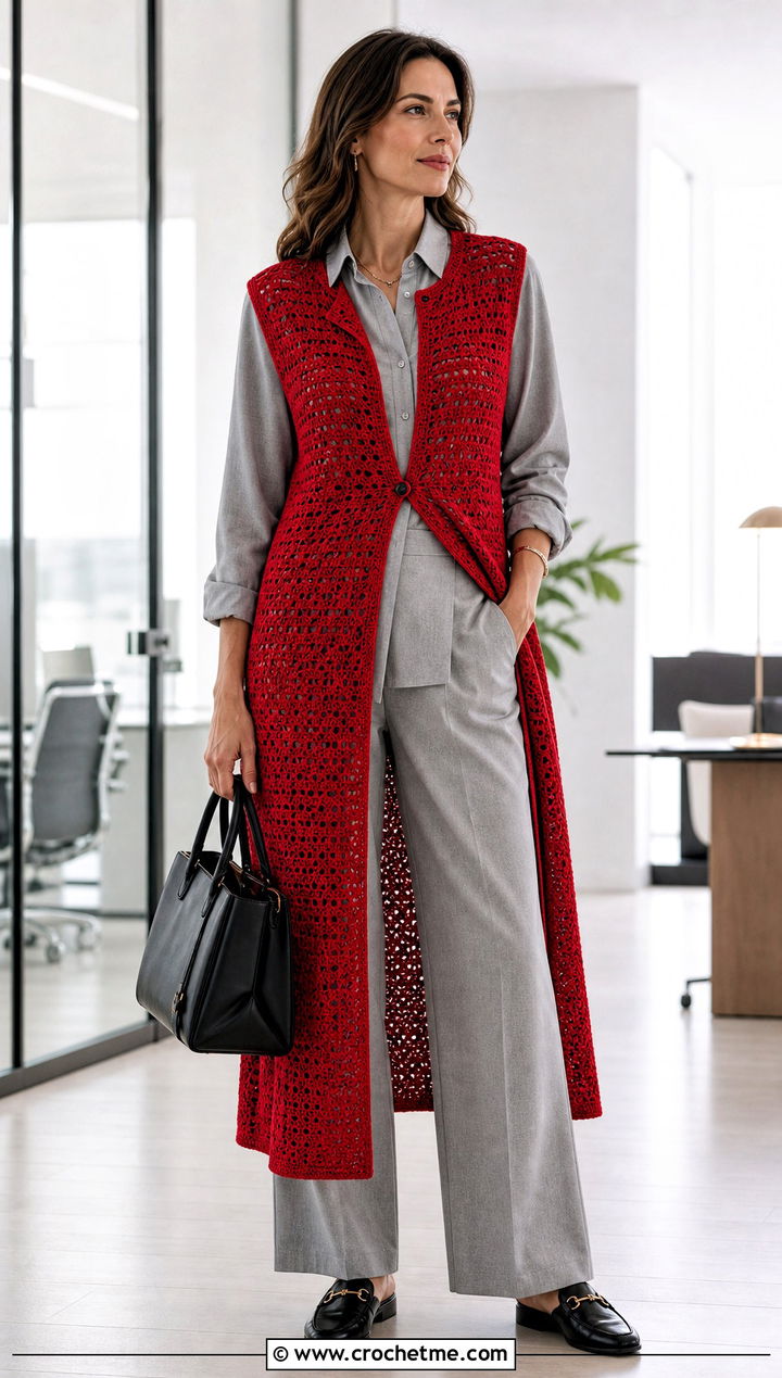 Longline Crochet Button Up Vest With Shirt And Trousers - 25 Crochet Button Up Vest outfit ideas