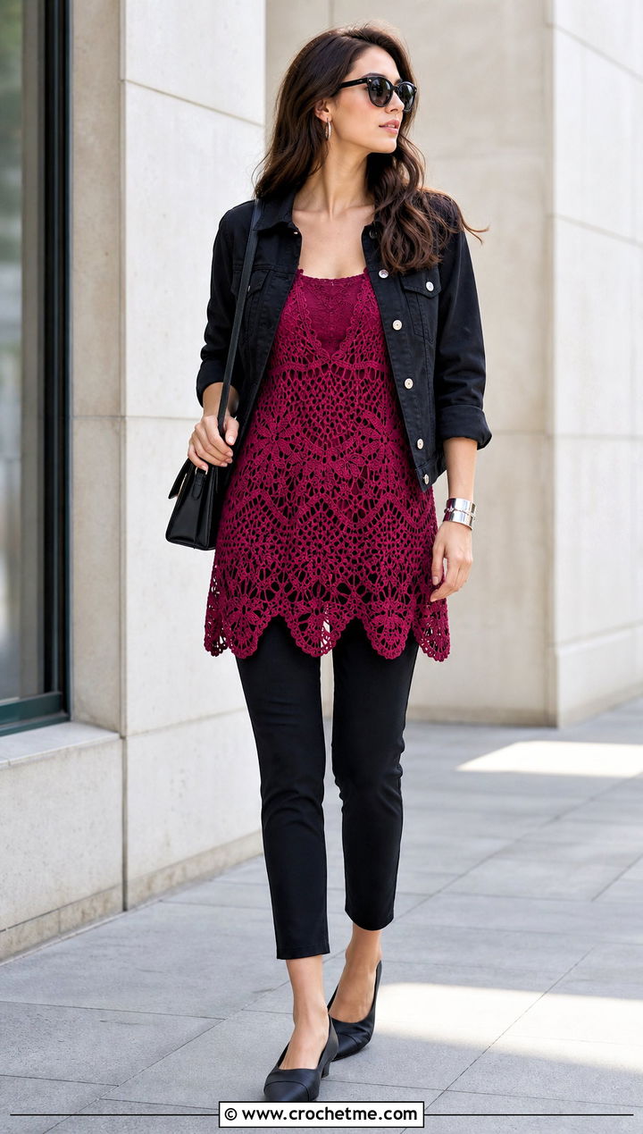 Longline Crochet Cami Top With Slim Pants - 30 crochet cami top outfit ideas