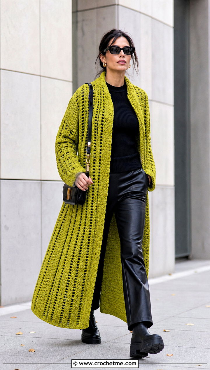 Longline Crochet Cape Coat With Leather Pants - 15 Crochet Cape Coat outfit ideas