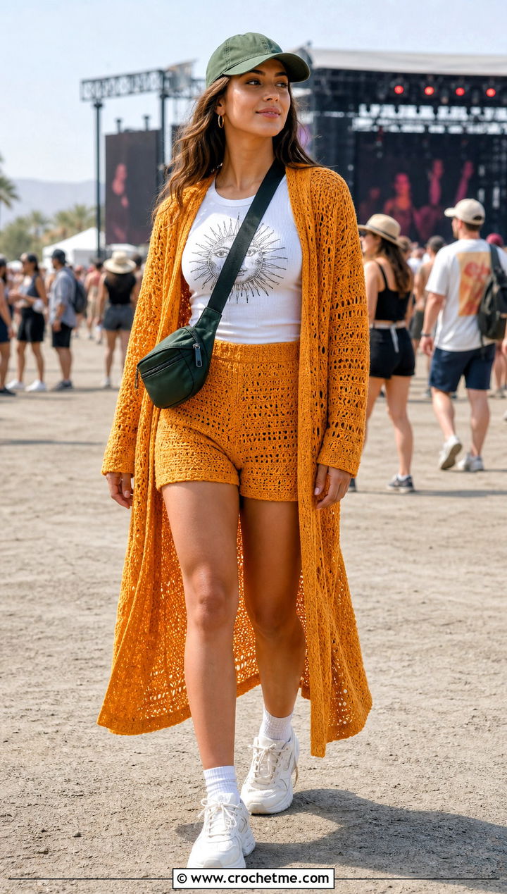 Longline Crochet Cardigan And Shorts Set - 25 festival crochet two piece outfit ideas