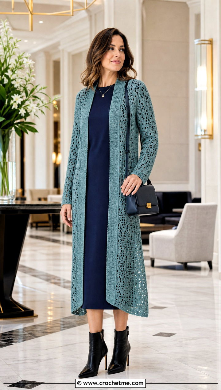 Longline Crochet Cardigan Sweater With Column Dress - 35 crocheted sweaters outfit ideas