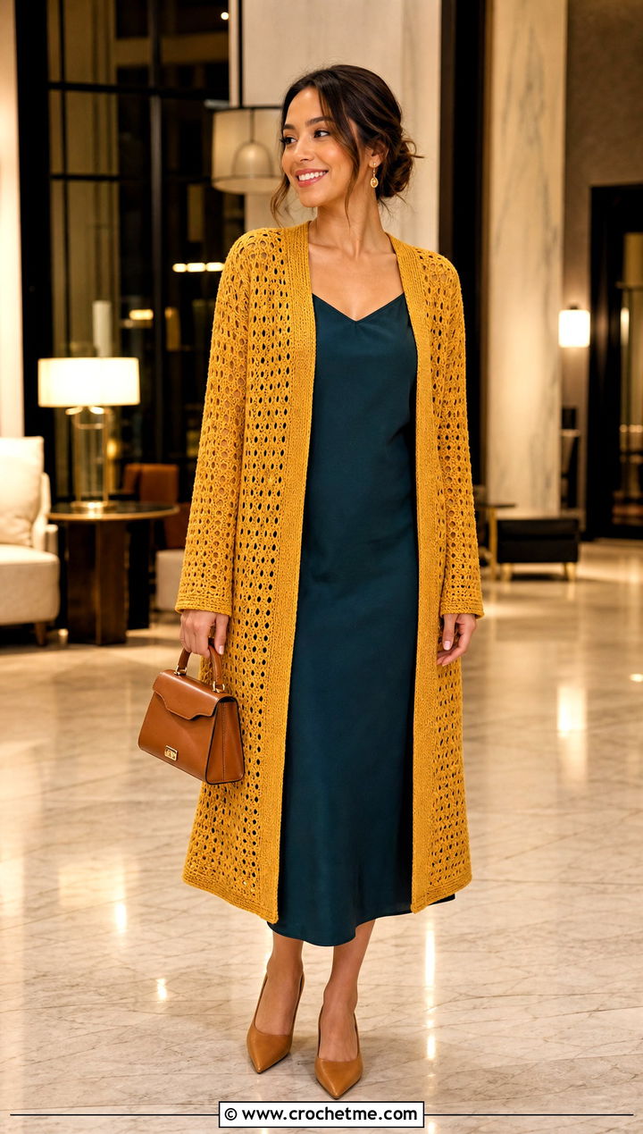 Longline Crochet Cardigan Sweater With Column Dress - 35 easy crochet sweaters outfit ideas
