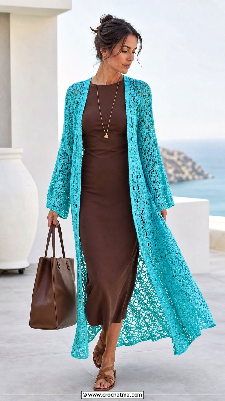 Longline Crochet Cardigan Sweater With Column Dress - 35 crochet sweaters outfit ideas