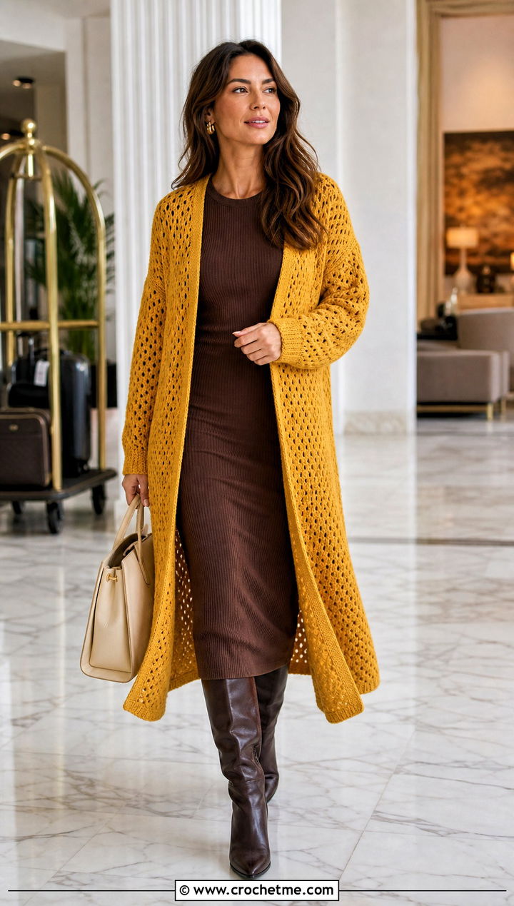 Longline Crochet Cardigan Sweater With Knit Dress - 25 Crocheted Sweaters For Women outfit ideas