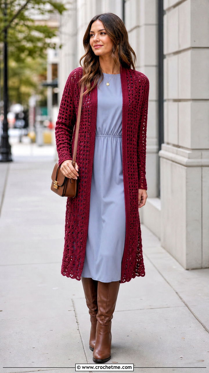 Longline Crochet Cardigan Sweater With Midi Dress - 35 fall crochet sweater outfit ideas