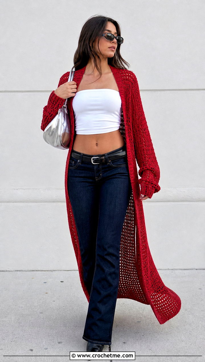 Longline Crochet Cardigan Sweater With Tube Top And Jeans - 25 y2k crochet sweater outfit ideas