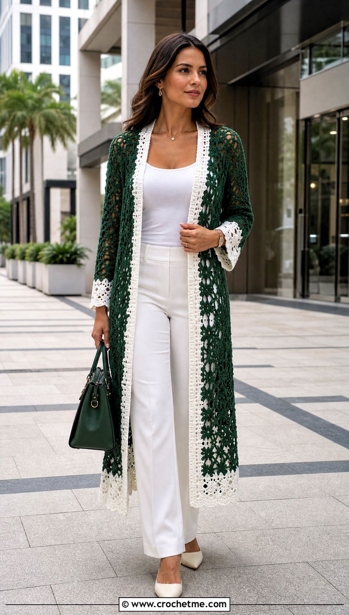 Longline Crochet Cardigan With A Monochrome White Outfit - 25 green and white crochet cardigan outfit ideas