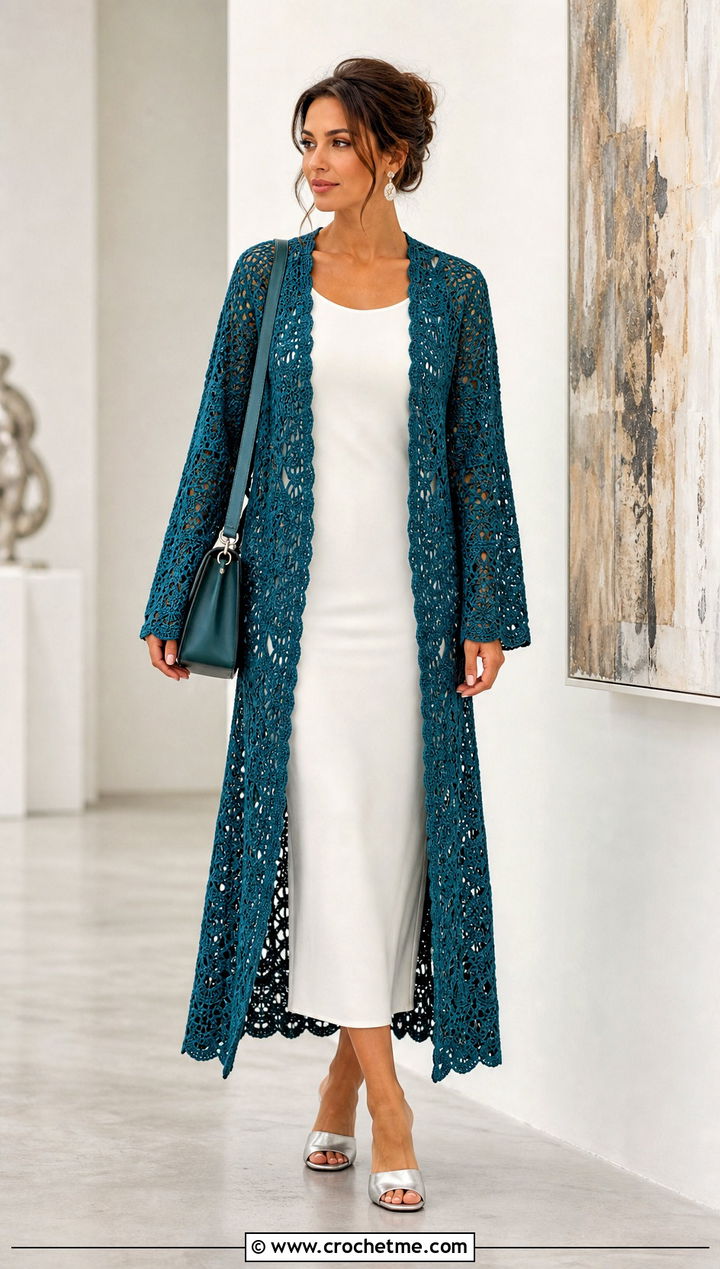 Longline Crochet Cardigan With Column Dress - 25 kawaii crochet cardigan outfit ideas