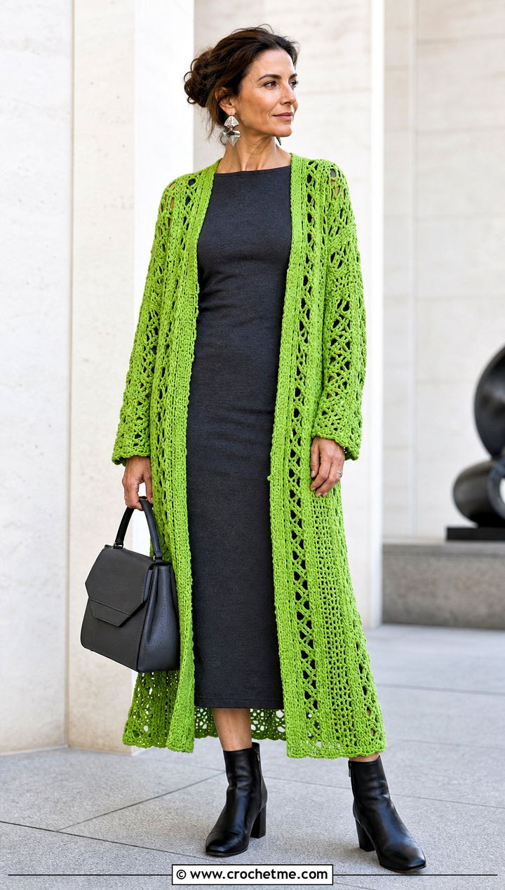 Longline Crochet Cardigan With Column Dress - 20 crochet for ladies cardigans outfit ideas