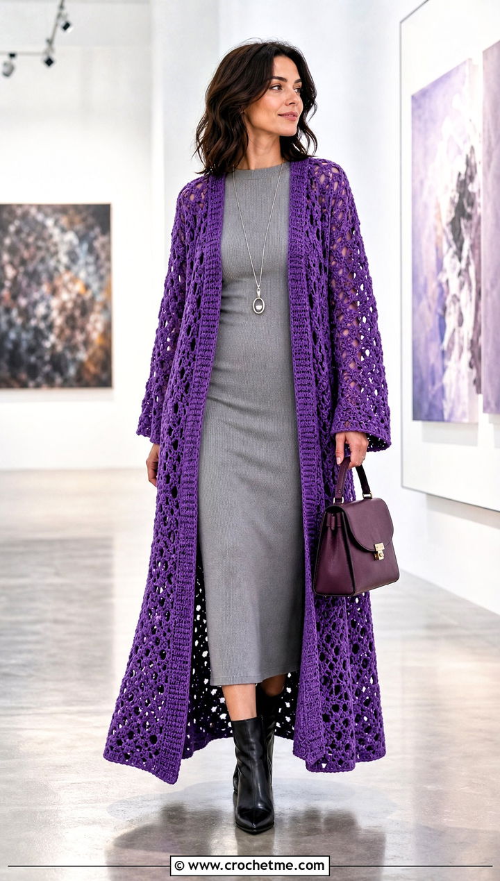 Longline Crochet Cardigan With Column Dress - 35 ladies crochet cardigan outfit ideas
