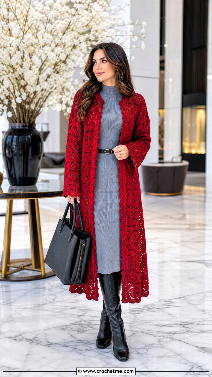 Longline Crochet Cardigan With Knit Dress - 35 crochet winter clothes and outfit ideas