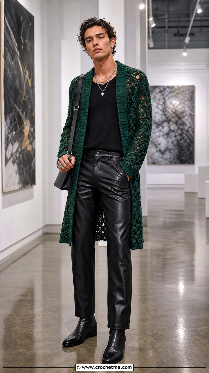Longline Crochet Cardigan With Leather Pants - 35 crochet clothes for men outfit ideas