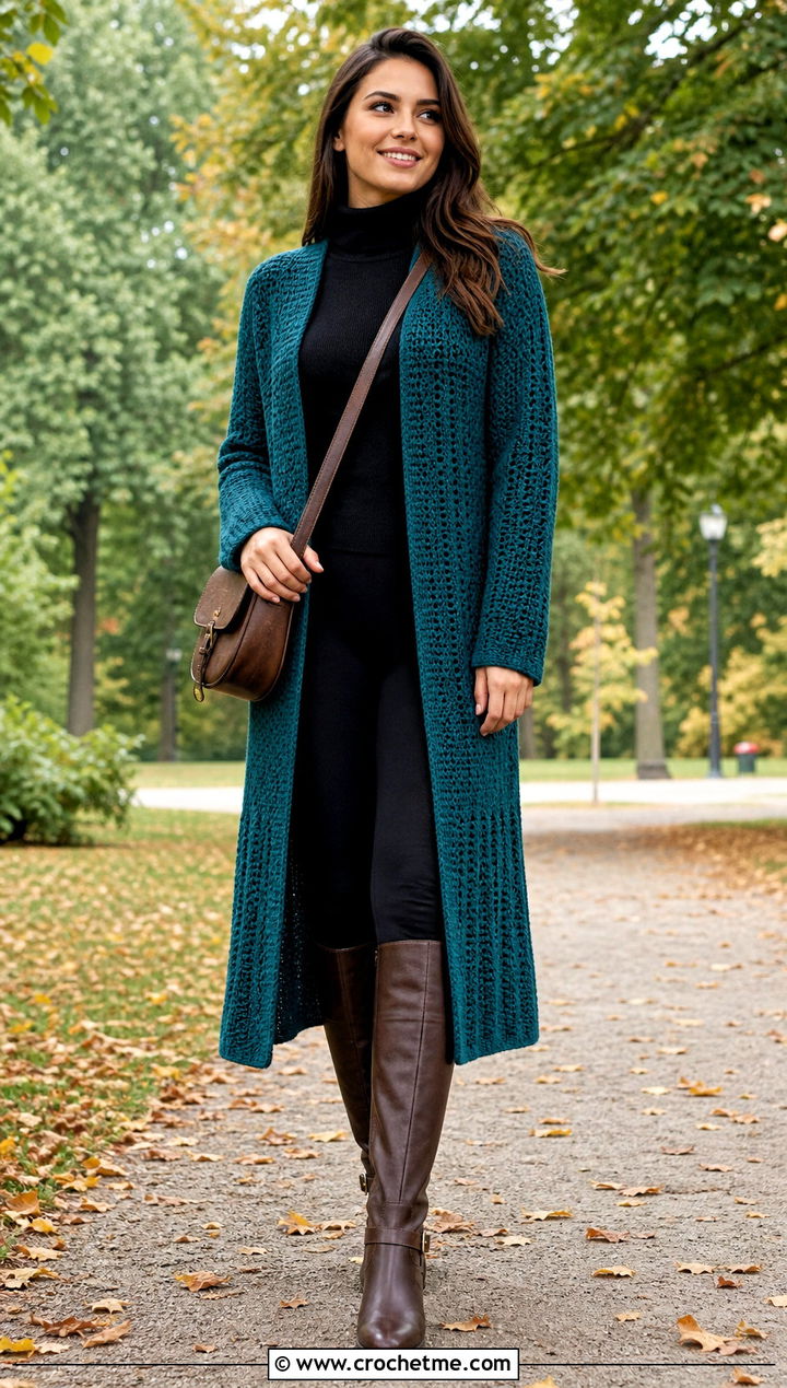 Longline Crochet Cardigan With Leggings And Riding Boots - 25 Autumn Crochet Cardigan outfit ideas
