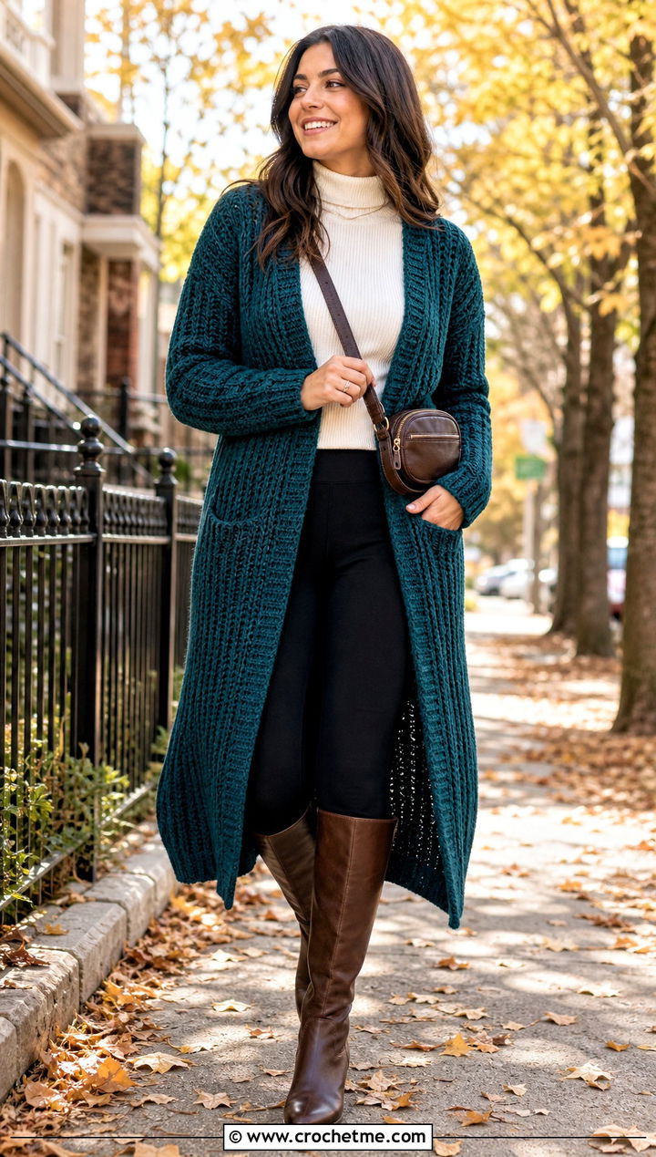Longline Crochet Cardigan With Leggings And Riding Boots - 35 fall crochet cardigan outfit ideas