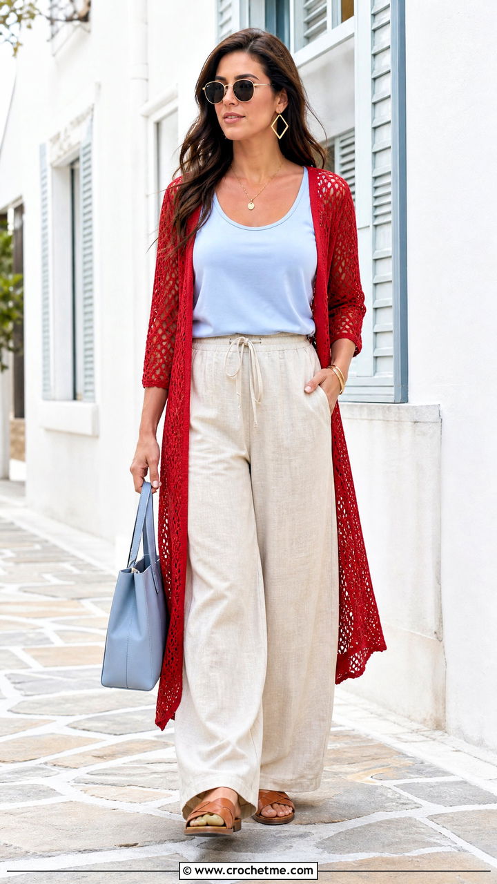 Longline Crochet Cardigan With Linen Pants - 35 crochet summer cardigan outfit ideas