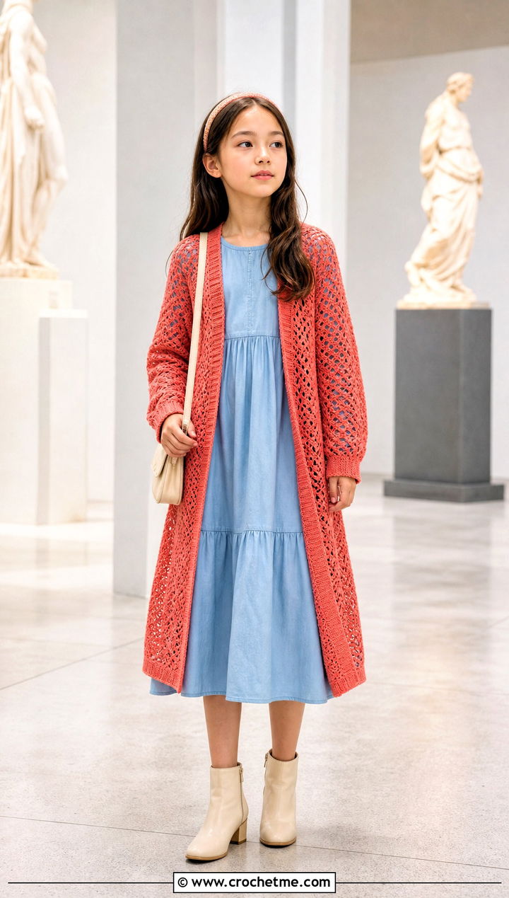 Longline Crochet Cardigan With Midi Dress - 25 Childs Crochet Cardigan outfit ideas