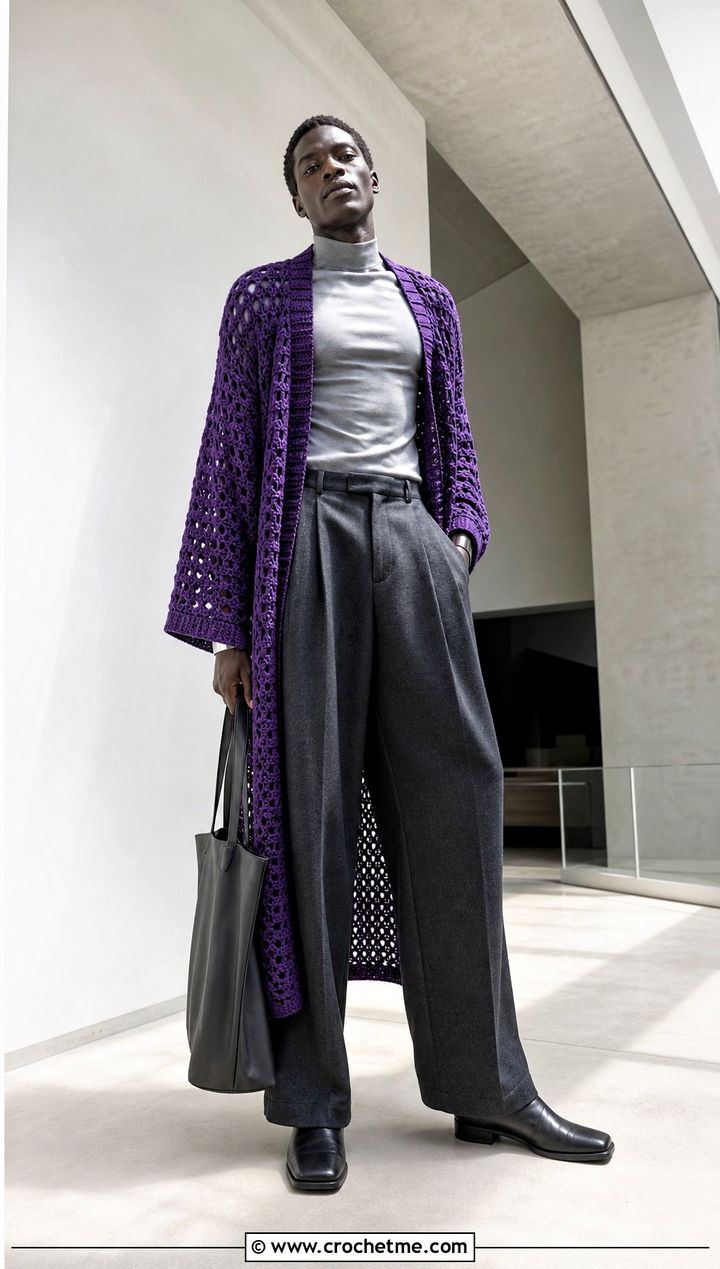 Longline Crochet Cardigan With Mock Neck and Wide Leg Trousers - 20 men's crochet cardigan outfit ideas