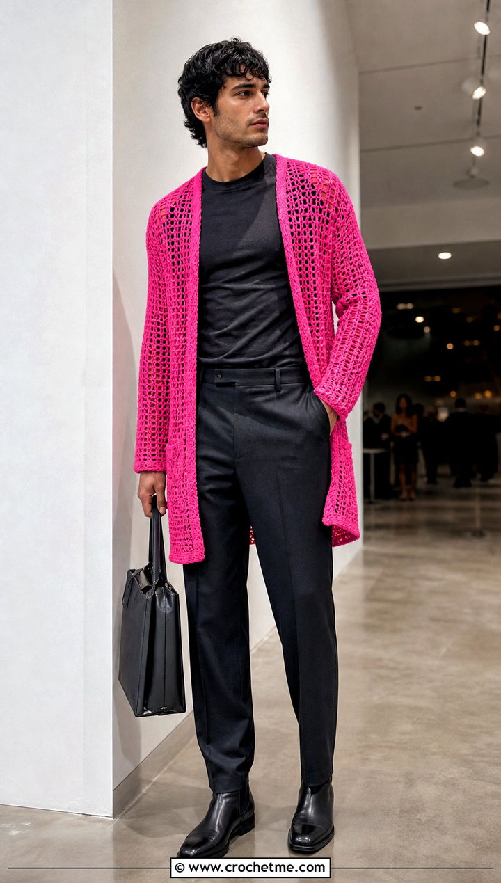 Longline Crochet Cardigan With Monochrome Basics - 30 crochet man cardigan outfit ideas