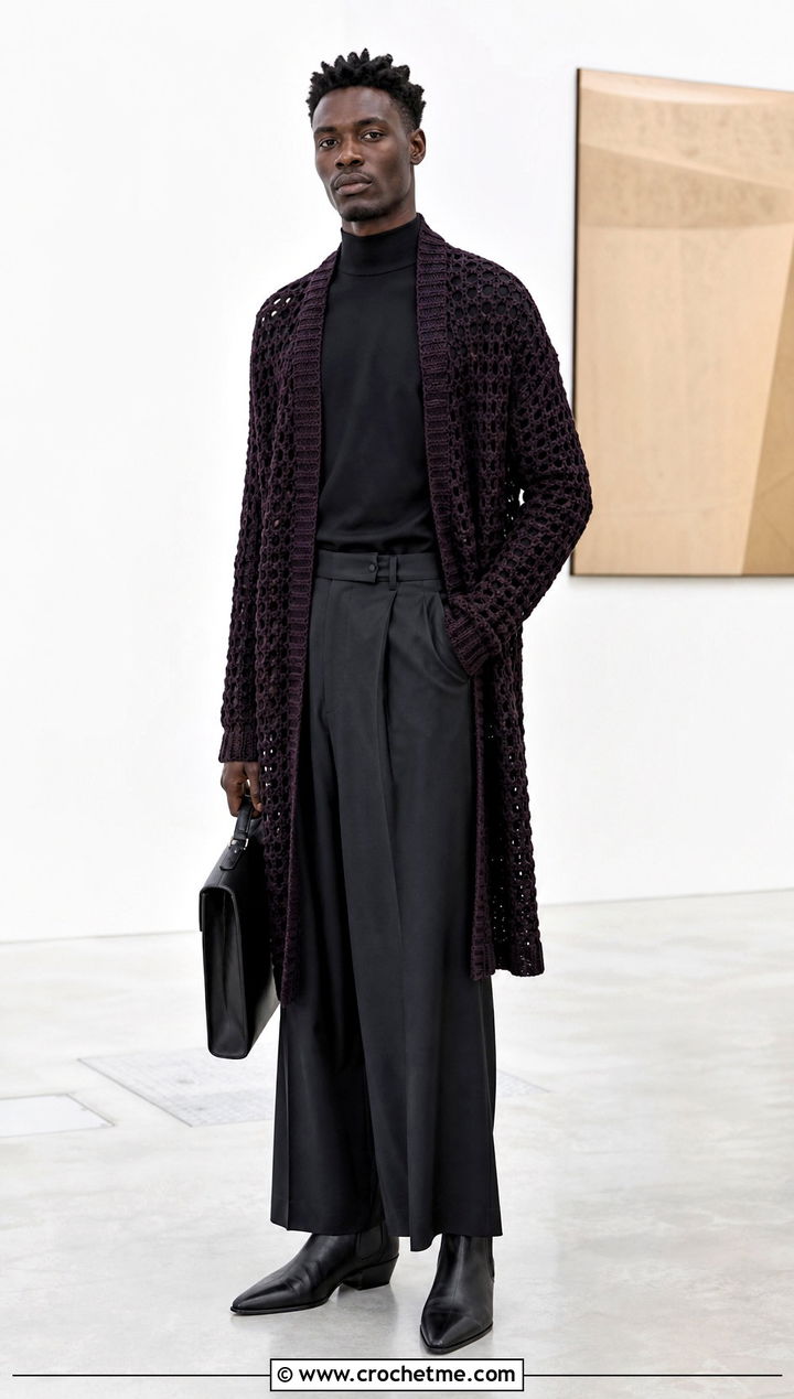 Longline Crochet Cardigan With Pleated Pants - 35 mens crochet cardigan outfit ideas