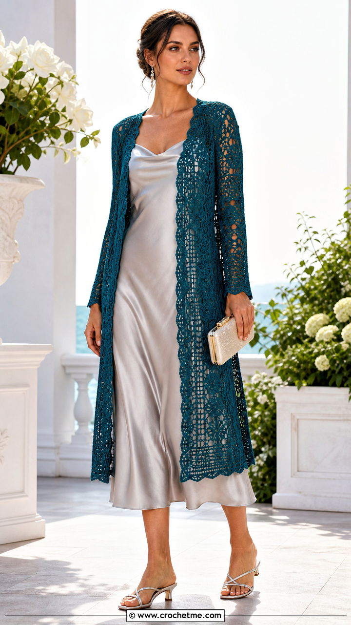 Longline Crochet Cardigan With Satin Slip Dress - 35 crochet cardigan women outfit ideas