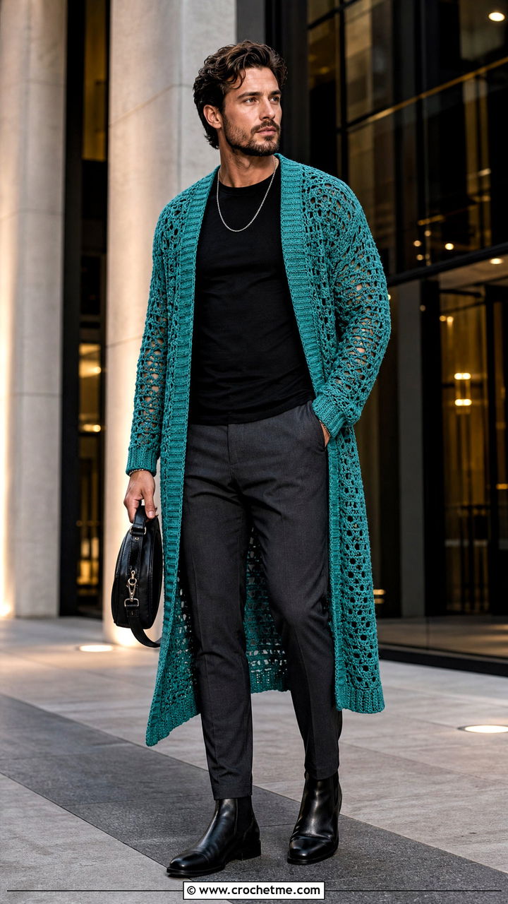 Longline Crochet Cardigan With Slim Trousers - 35 crochet cardigan men outfit ideas