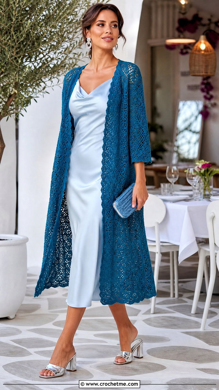Longline Crochet Cardigan With Slip Dress - 35 crocheted cardigan outfit ideas