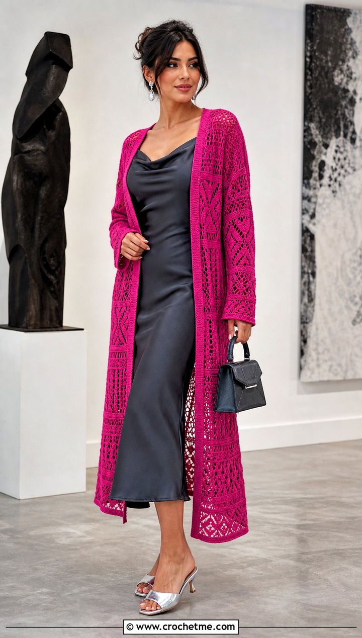 Longline Crochet Cardigan With Slip Dress - 15 Easy Crochet Cardigan Sweater outfit ideas