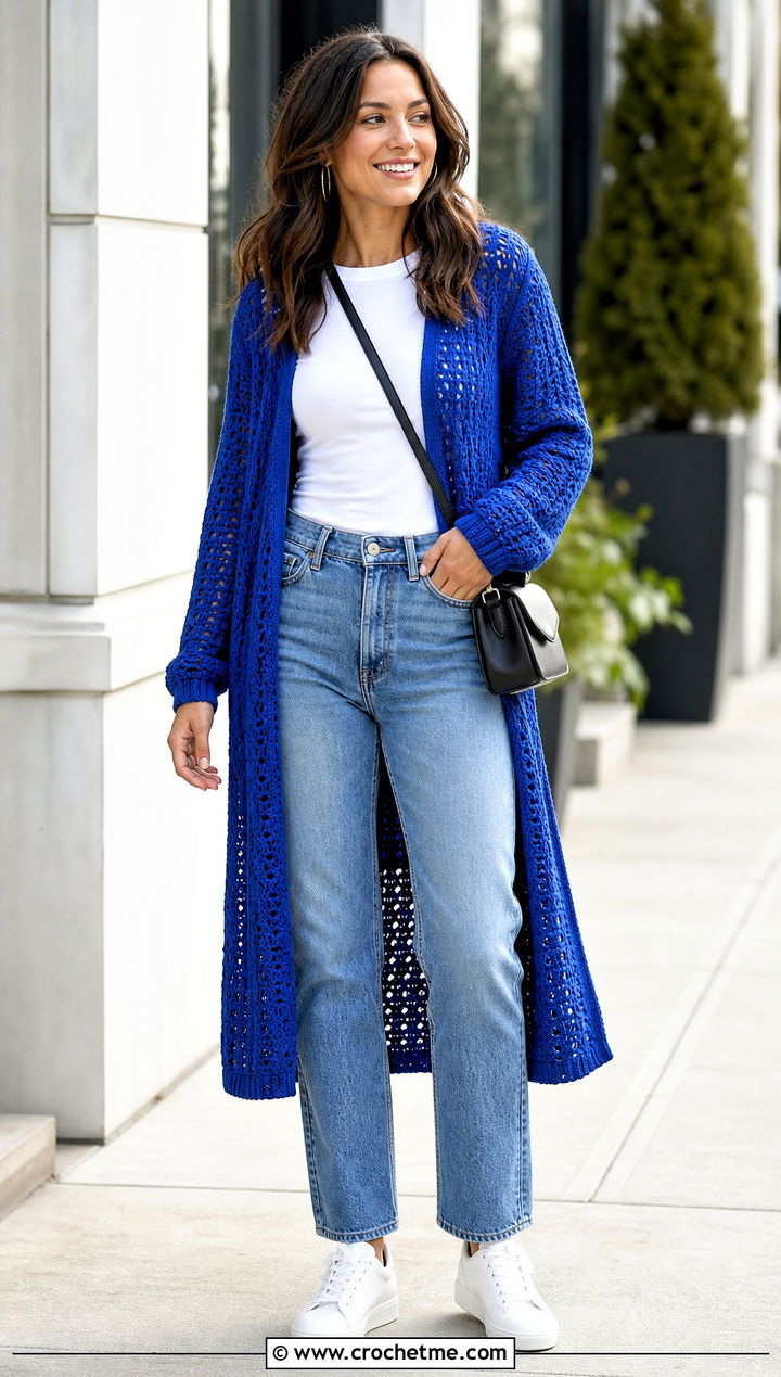 Longline Crochet Cardigan With Straight Leg Jeans - 25 long crochet sweater outfit ideas