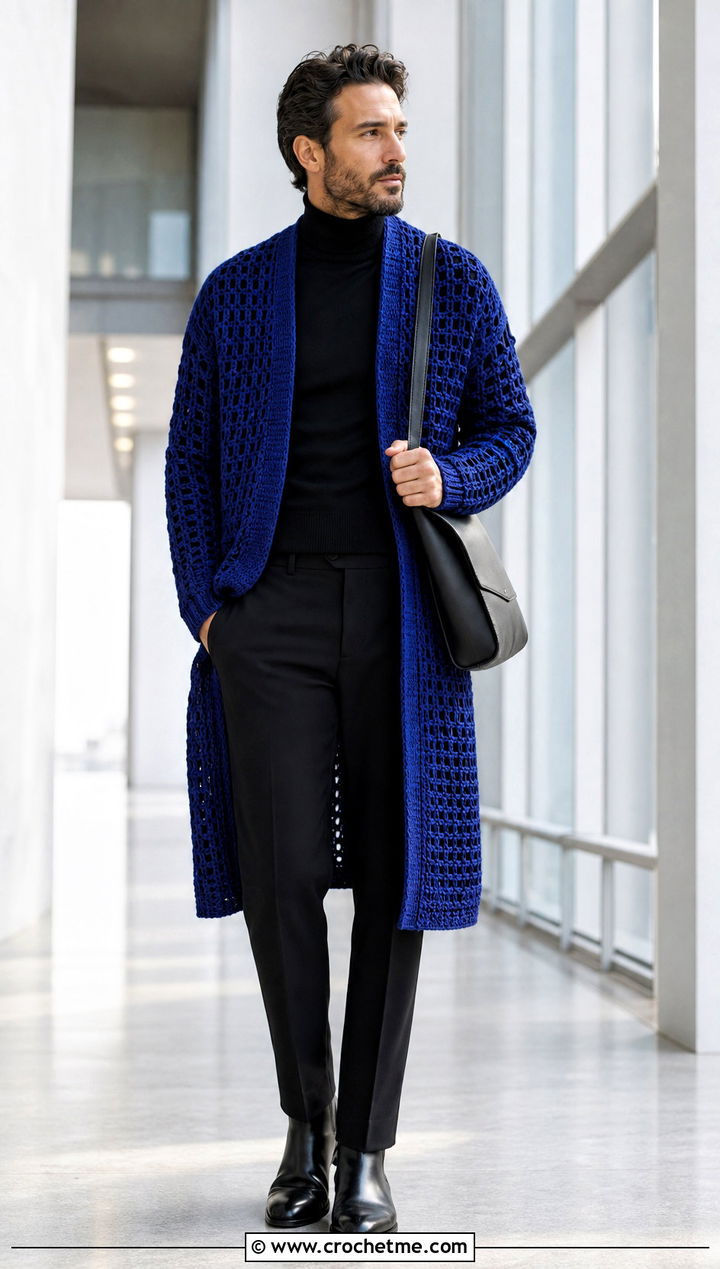 Longline Crochet Cardigan With Tailored Pants - 25 Crochet Guys Clothes and outfit ideas