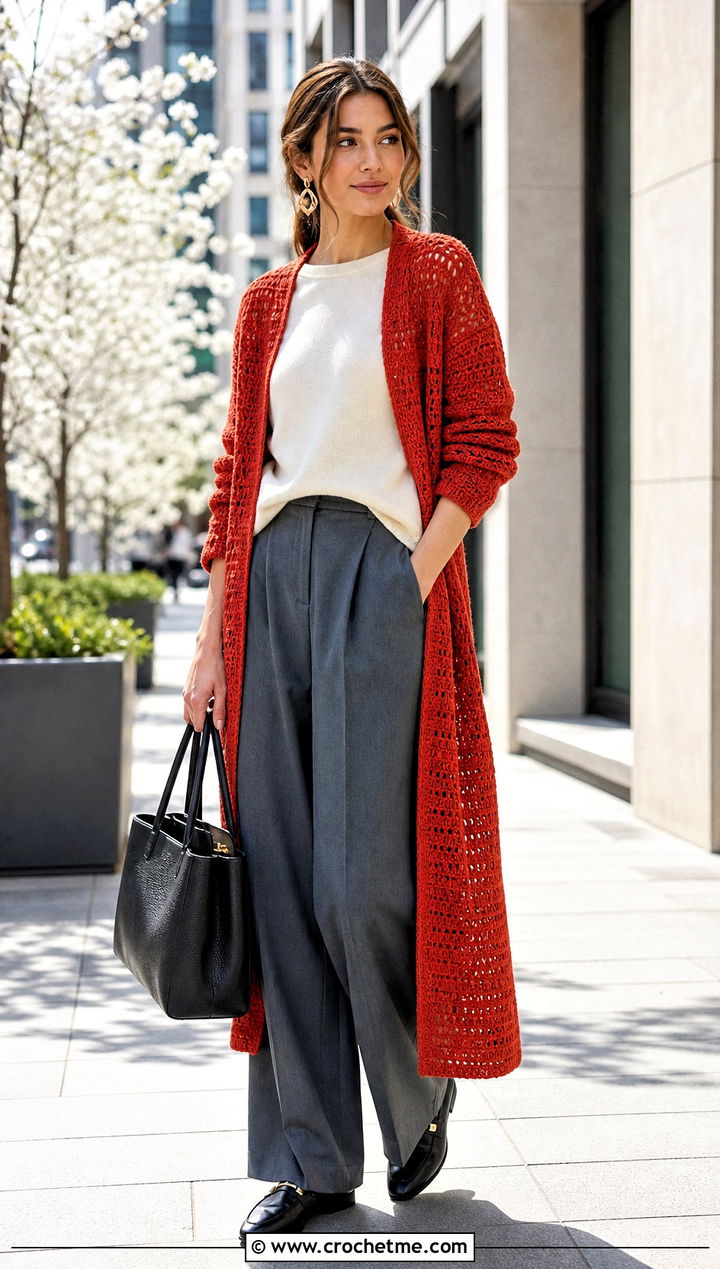 Longline Crochet Cardigan With Tailored Trousers - 30 crochet spring cardigan outfit ideas