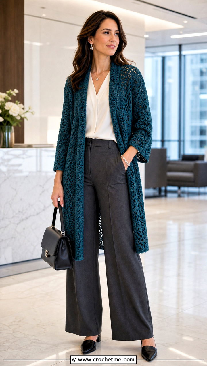 Longline Crochet Cardigan With Tailored Trousers - 15 colorful crocheted cardigan on hook outfit ideas