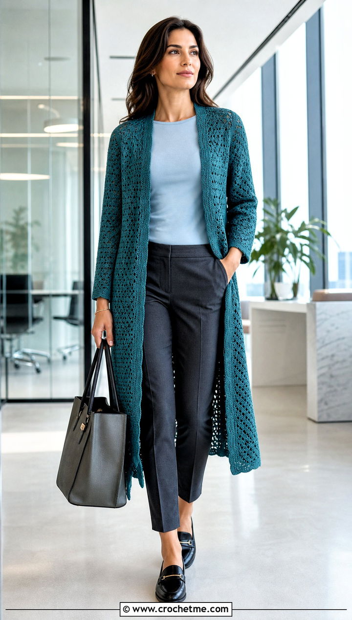 Longline Crochet Cardigan With Tailored Trousers - 30 crochet for cardigans outfit ideas