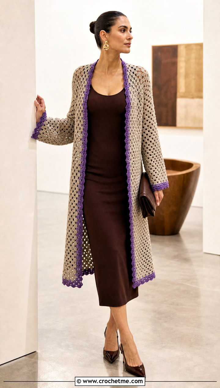 Longline Crochet Cardigan With a Column Dress - 15 neutral tone crochet cardigan outfit ideas