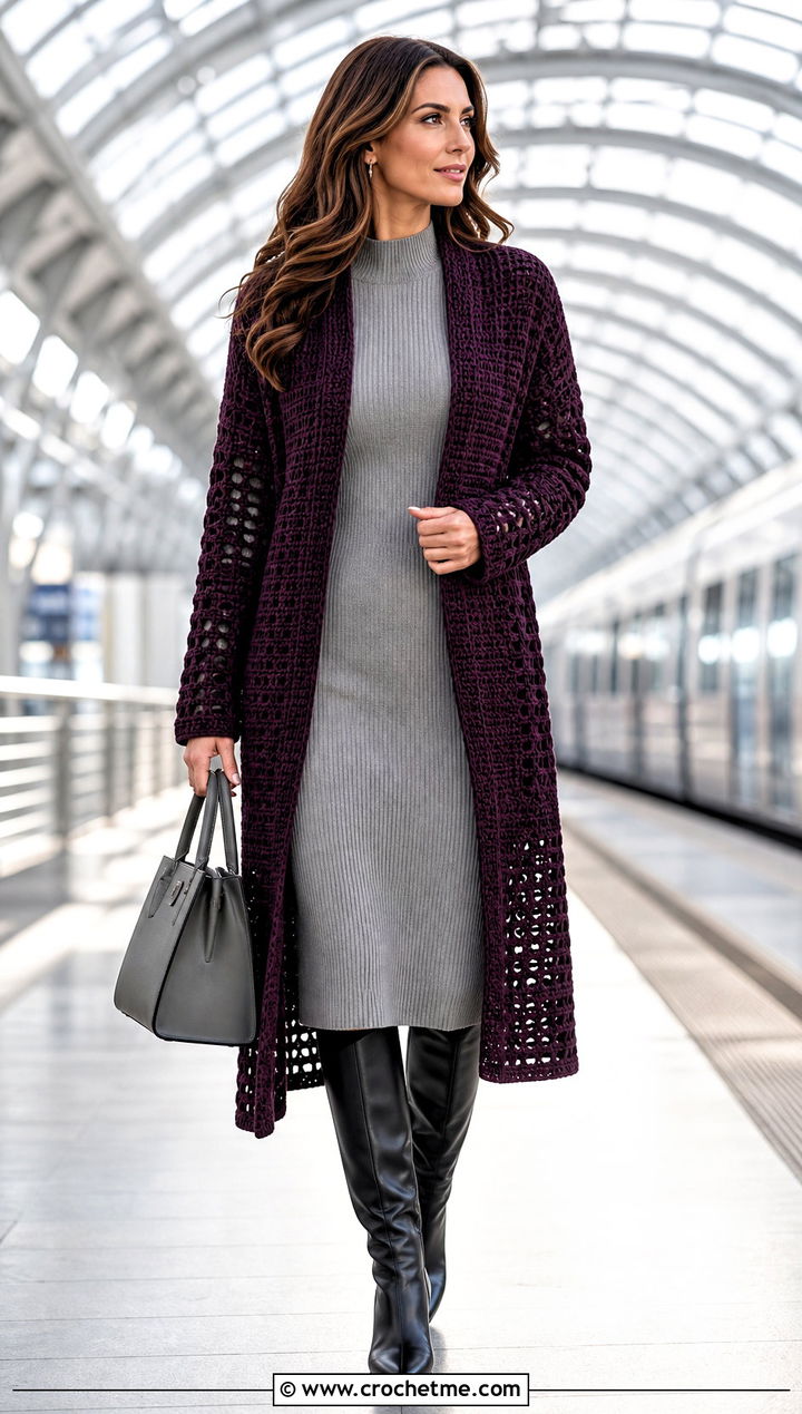 Longline Crochet Cardigan With a Ribbed Knit Dress - 35 Crochet Winter Outfits ideas