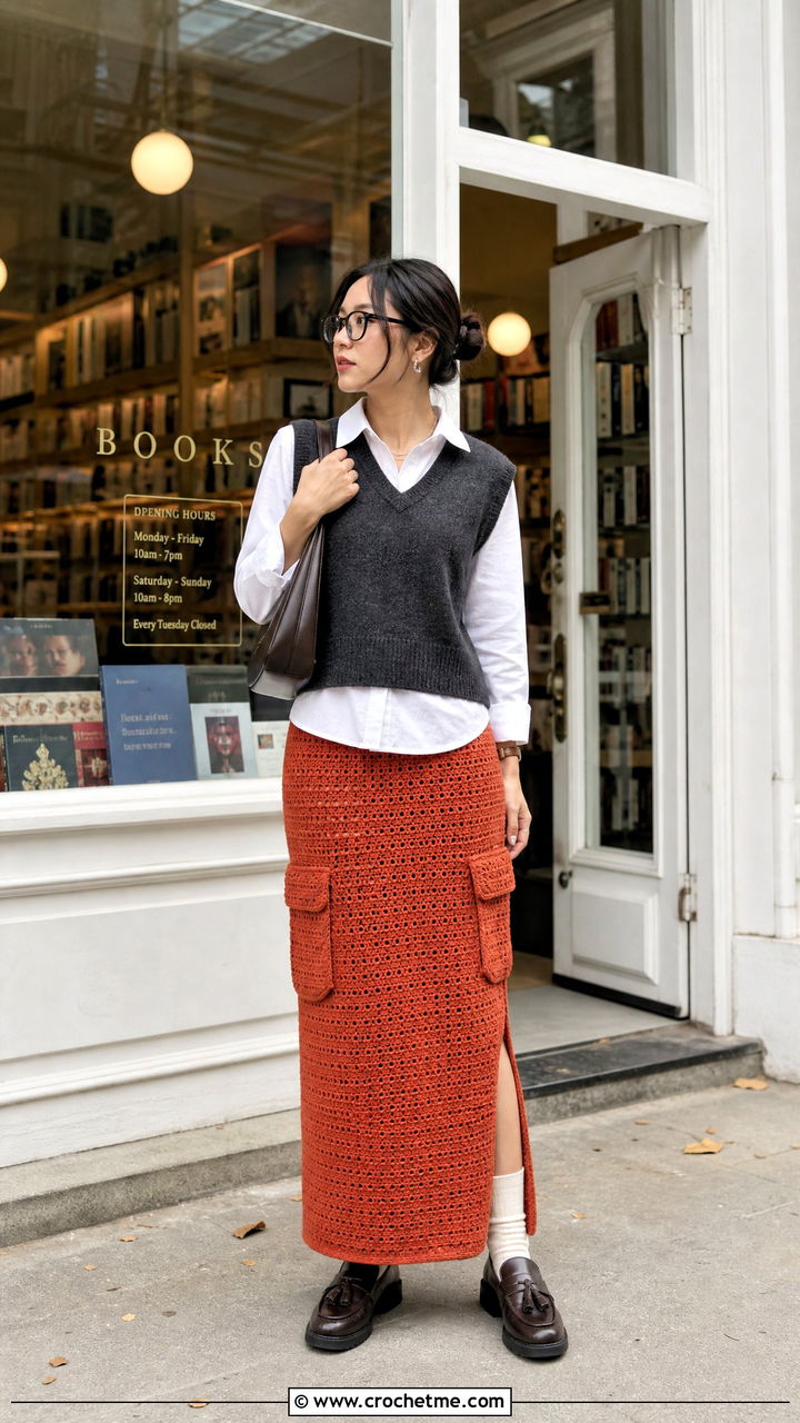Longline Crochet Cargo Skirt With Sweater Vest - 35 crochet cargo skirt outfit ideas