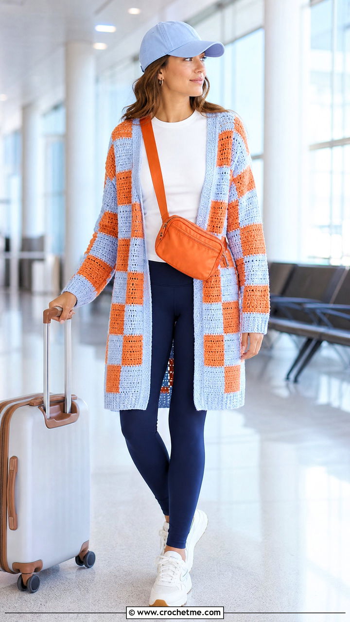 Longline Crochet Checkered Cardigan With Leggings And Sneakers - 35 crochet checkered cardigan outfit ideas